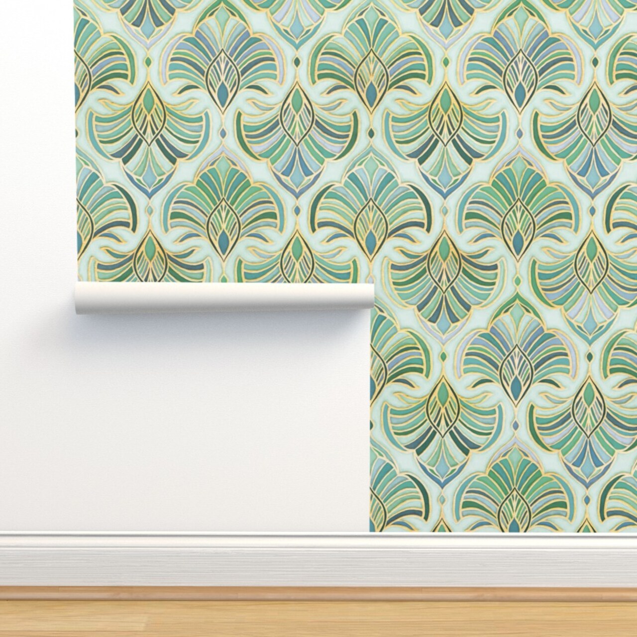 Art Nouveau Cool Colors Golden Yellow Jade Green Mint And Emerald Sage Teal Enamel Effect Lotus Fans Custom Removable Wallpaper by Spoonflower Peel & Stick Wallpaper 2FT Wide